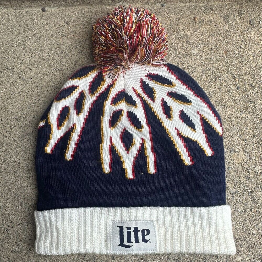Miller Lite Pom Beanie Knit Hat Blue White Winter Cap Beer Logo